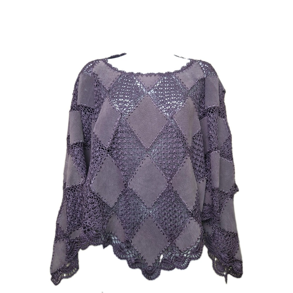 Vtg Genuine Leather Suede Patchwork Crochet Purple Poncho Bagatelle Size M